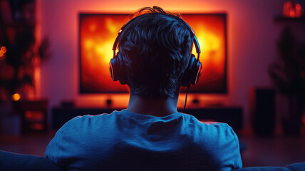 A Young man wearing sleek headphones, sitting in front of a large, ultra-thin modern television, glowing screen reflecting on their face, casual posture, stylish contemporary clothing, minimalist deco
