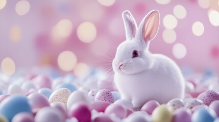 Adorable white bunny amongst colorful easter eggs with soft pink background