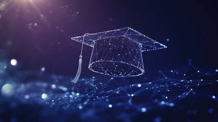 Abstract digital art of an open graduation cap made from glowing lines and dots, floating above a network grid on a dark blue background, power to shape your future through education Generative AI