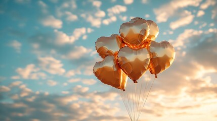 Flying yellow heart shaped balloons in the sky