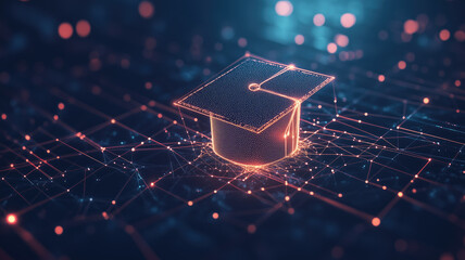 Abstract digital art of an open graduation cap made from glowing lines and dots, floating above a network grid on a dark blue background, power to shape your future through education Generative AI