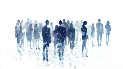 Abstract digital business team concept with people silhouettes in blue and gray colors on a white background A group of businesspeople standing together, working as a collaborative team Generative AI