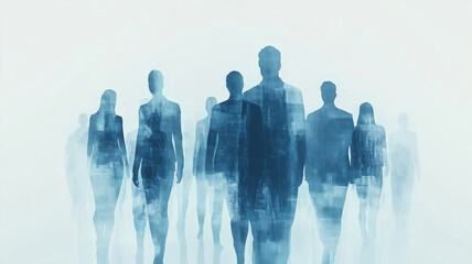 Abstract digital business team concept with people silhouettes in blue and gray colors on a white background A group of businesspeople standing together, working as a collaborative team Generative AI