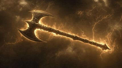 ad&d magic item: one handed battleaxe storm slayer. crackling with energy