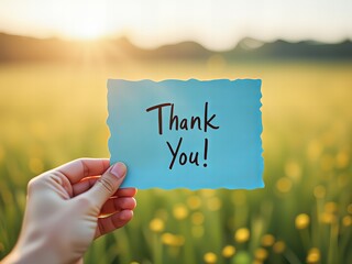 Hand holding a thank you note in a vibrant field at sunset