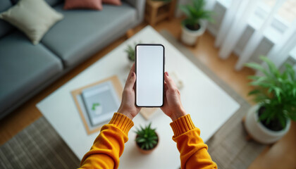 Female hands hold smartphone with blank screen. Cozy home interior. Casual setting on white wooden table. Focus on communication and tech. Modern and trendy. Top view. Hands are holding device.