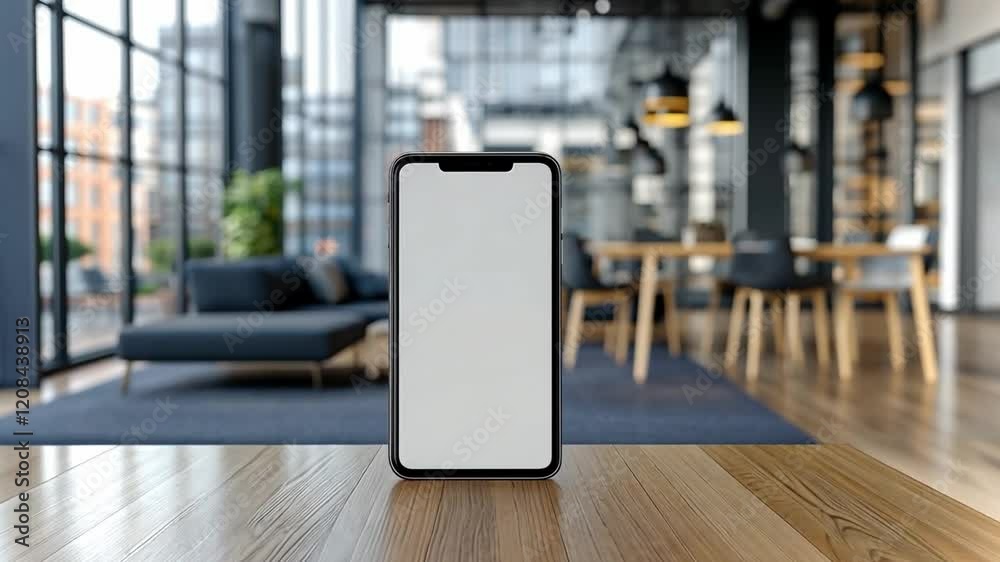 Poster modern workspace with empty smartphone on table highlighting minimalist design and natural light