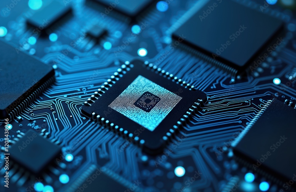 Poster close-up view of complex electronic circuit board. intricate pathways, components visible. advanced 