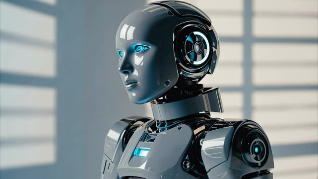 cute mini AI robot on white background with copy space. AI vs human competition. AI-robot face stock image. realism. The concept of future training.