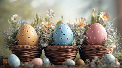Obraz premium Colorful easter basket display with painted eggs and fresh flowers