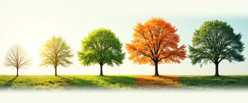 Colorful trees showing seasonal changes in a serene landscape symbolizing resilience and climate adaptability with sunlight illuminating the scene