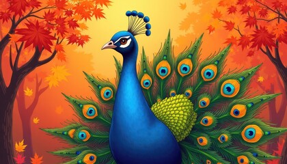 A wild peacock bird with a blue body and green tail feathers, surrounded by a colorful autumn forest. Peacocks, baby peacock wallpaper