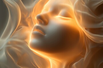 Naklejka premium Ethereal figure with glowing features captured in a soft, dreamy haze at twilight