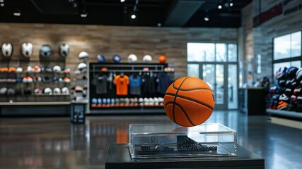 An orange basketball displayed prominently in a modern sports store with athletic gear and accessories on shelves