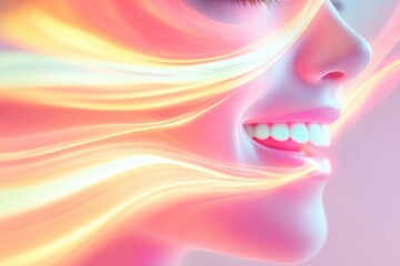 Obraz premium Woman with flowing hair and vibrant colors smiles joyfully in an artistic composition
