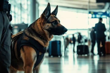 Police Dog Sniffing Luggage at Airport Security Checkpoint