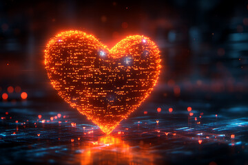  Valentine's Day neon illustration of hearts with abstract digital lines and data-inspired elements, cyberpunk theme, bright orange and blue glow, high detail, artistic and futuristic aesthetic.