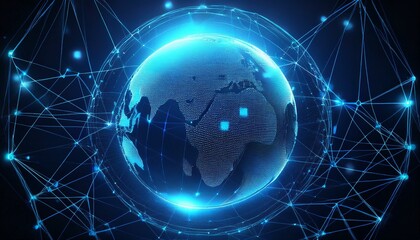 a glowing blue globe sits in the center of a dark background with a network of connecting lines and dots