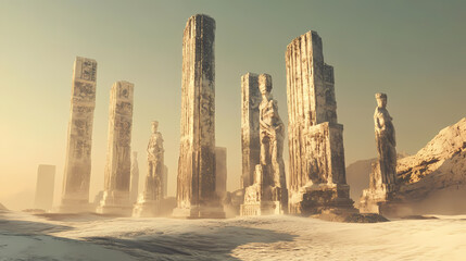 Ancient ruins with towering columns and statues in a desert landscape. Mystic Ruins. Illustration