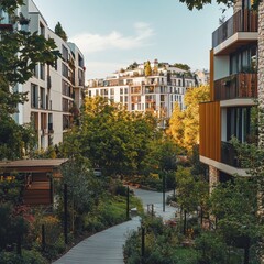 Naklejka premium lush green city with modern and haussmanian residential buildings, Joyful atmosphere 