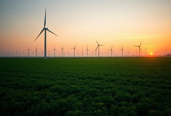 Windmills stand tall in a huge green field, harnessing energy as the sun sets, casting warm hues across the landscape.