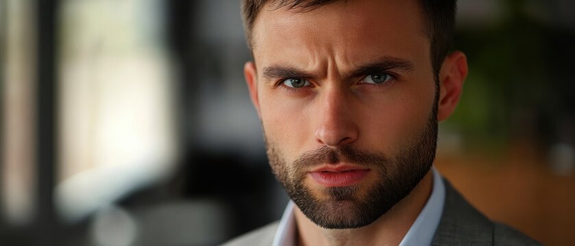 Serious Caucasian adult man with a beard looking directly at the camera with a furrowed brow, expressing concern or disapproval indoors Concept of business, leadership, and emotion