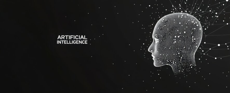 Abstract line art of an artificial intelligence head with dots, forming the words "ARTIFICIAL INTELLIGENCE" layouts in white on black background Generative AI