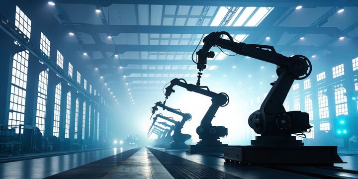 Silhouetted robotic arms streamlining logistics operations in a high-tech warehouse environment