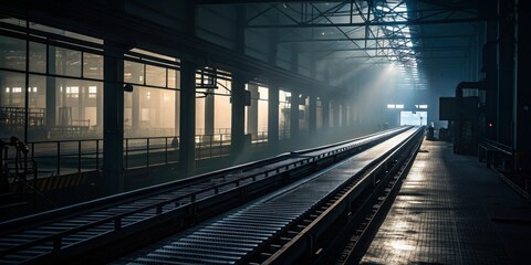 Showcasing silhouettes of automated conveyor belts in industrial warehouse photography dimly lit environment for enhanced visual impact