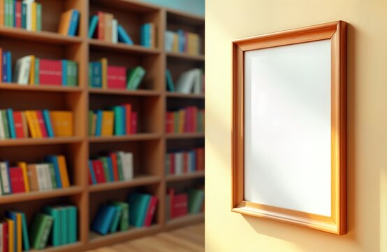 Empty poster frame on library wall. Bookshelves filled with colorful books blurred in background. Suitable for mockups. Interior library setting. Perfect for educational informational design. Ideal