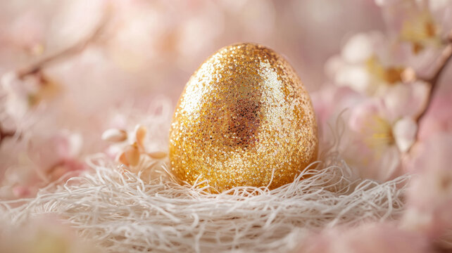 A glittering golden egg in a nest with pink flowers. - Powered by Adobe