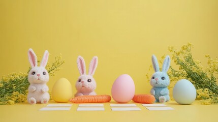 Obraz premium Colorful easter eggs and bunny toys with carrots on yellow background