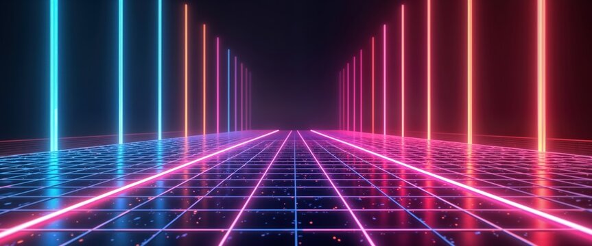 Digital retro futuristic landscape with glowing neon lines on grid. Vibrant colors like pink blue, purple create nostalgic 80s aesthetic. Abstract design with geometric patterns evoke techy feel.