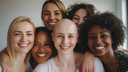 A group of women with different hair colors and one of them has a bald head