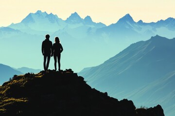 Obraz premium Silhouetted couple holding hands, atop a mountain, overlooking a majestic, snow-capped mountain range at sunrise.