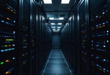Fototapeta premium A dark data center features numerous operational server racks, showcasing a high-tech environment with illuminated lights.