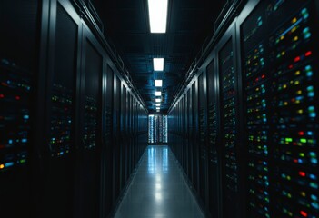 Fototapeta premium A dark data center features numerous operational server racks, showcasing a high-tech environment with illuminated lights.