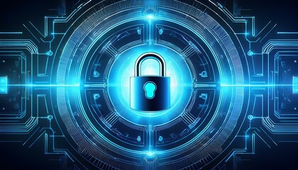 a glowing blue digital padlock sits at the center of a futuristic circular technological interface the design suggests advanced security and data protection