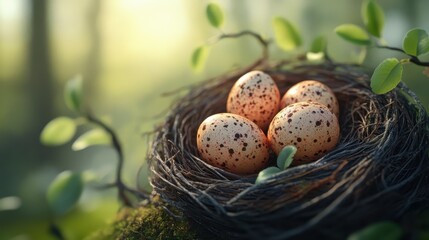 Fototapeta premium Springtime easter eggs in a nest for holiday greeting card design