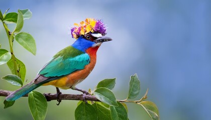 Obraz premium a vibrant colorful bird adorned with a floral crown perched on a leafy branch exuding charm and beauty in nature