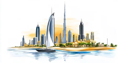 Stunning cityscape at sunset, a yacht glides along the calm waters. Dubai landmarks