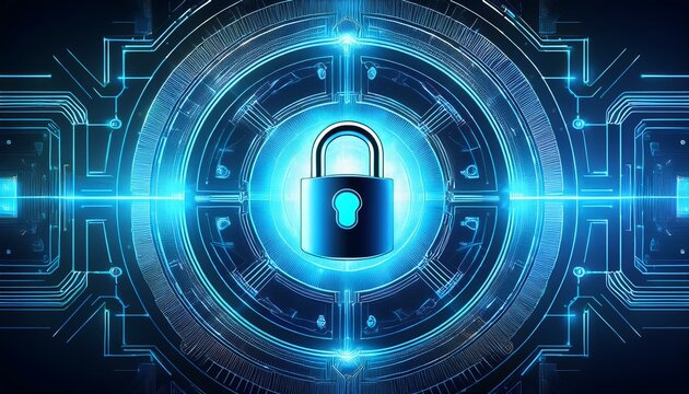 a glowing blue digital padlock sits at the center of a futuristic circular technological interface the design suggests advanced security and data protection