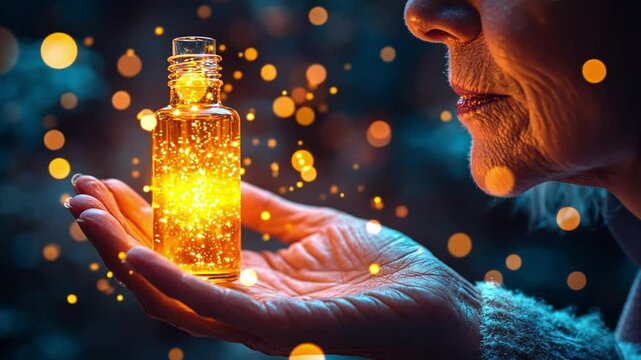 Exploring the magic of a glowing potion held delicately in an elderly woman's hand at twilight