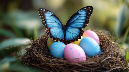 Obraz premium Blue butterfly on a nest of vibrant easter eggs in a natural setting