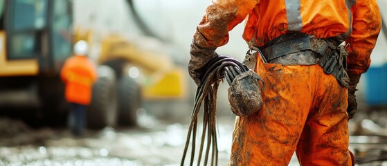 Construction worker in orange overalls holding electrical cables at a construction site, with heavy machinery in the background Concept of hard work, manual labor, and infrastructure