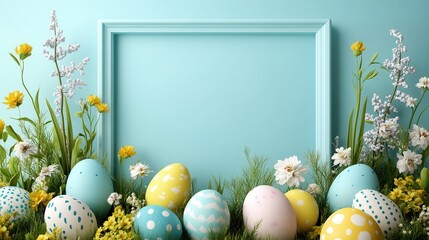 Easter greeting card design with pastel eggs and flowers photo frame