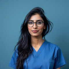 Obraz premium A woman wearing a blue scrubs shirt and glasses