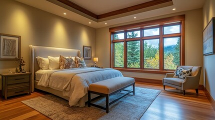 Fototapeta premium Stylish hotel bedroom interior with bed and armchair, bench on carpet, hardwood floor. Wooden sleep and relax space, nightstand with decoration. Panoramic window on countryside. 3D rendering