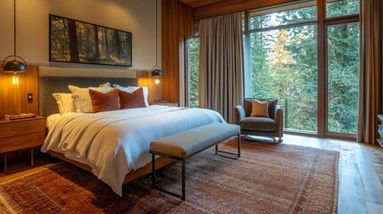 Obraz premium Stylish hotel bedroom interior with bed and armchair, bench on carpet, hardwood floor. Wooden sleep and relax space, nightstand with decoration. Panoramic window on countryside. 3D rendering