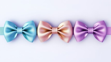 Elegant pastel bow ties in blue, peach, and purple on seamless background